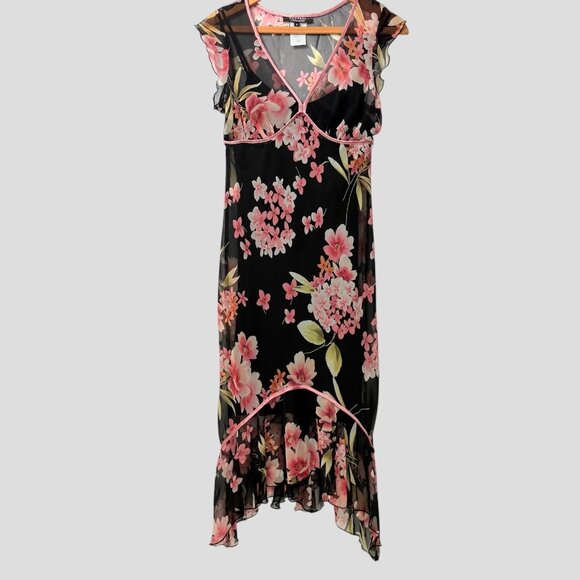 90s Rampage Babydoll Dress Sz 9 Whimsigoth Floral Sheer Asymmetrical Hem Fairy - Picture 2 of 13